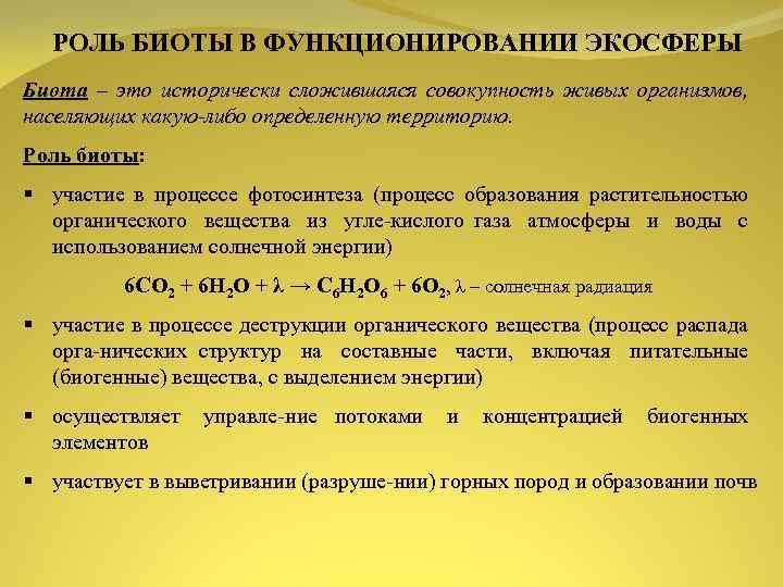 РОЛЬ БИОТЫ В ФУНКЦИОНИРОВАНИИ ЭКОСФЕРЫ Биота – это исторически сложившаяся совокупность живых организмов, населяющих