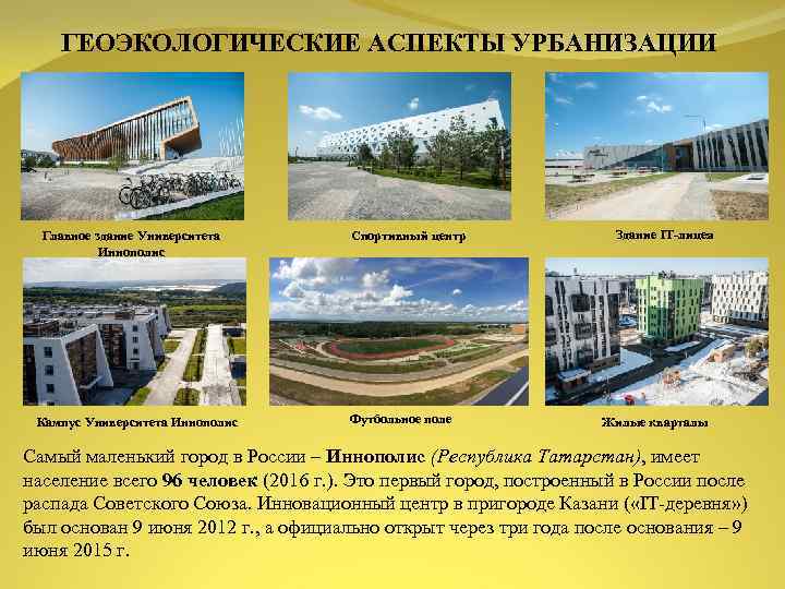 ГЕОЭКОЛОГИЧЕСКИЕ АСПЕКТЫ УРБАНИЗАЦИИ Главное здание Университета Иннополис Кампус Университета Иннополис Спортивный центр Футбольное поле