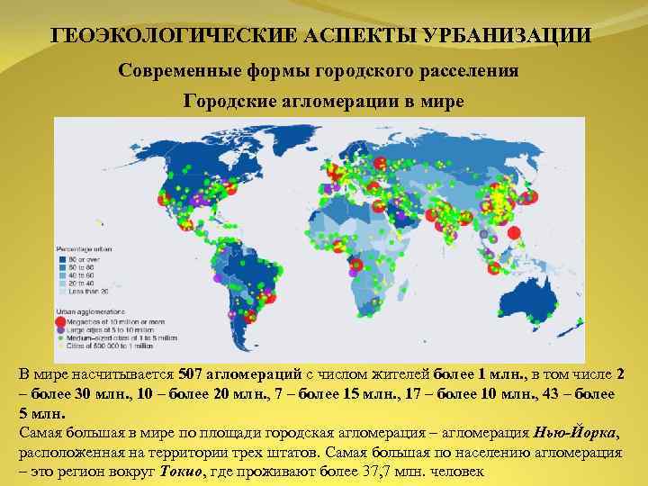 ГЕОЭКОЛОГИЧЕСКИЕ АСПЕКТЫ УРБАНИЗАЦИИ Современные формы городского расселения Городские агломерации в мире В мире насчитывается