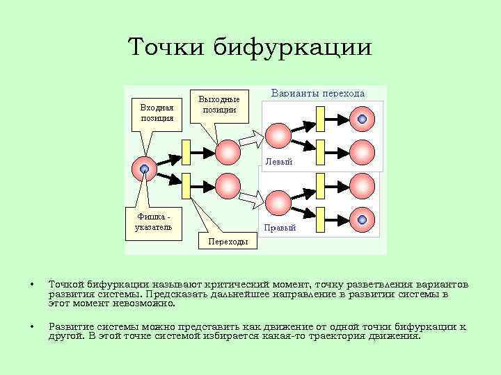 Точки бифуркации • Точкой бифуркации называют критический момент, точку разветвления вариантов развития системы. Предсказать