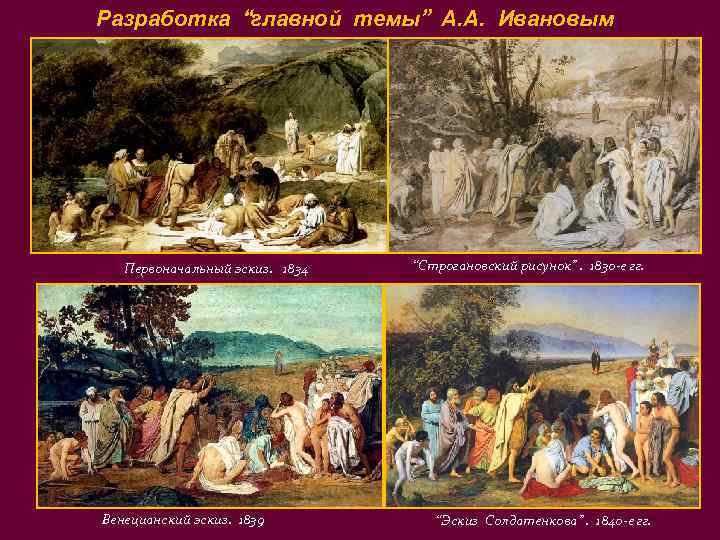 Разработка “главной темы” А. А. Ивановым Первоначальный эскиз. 1834 Венецианский эскиз. 1839 “Строгановский рисунок”.