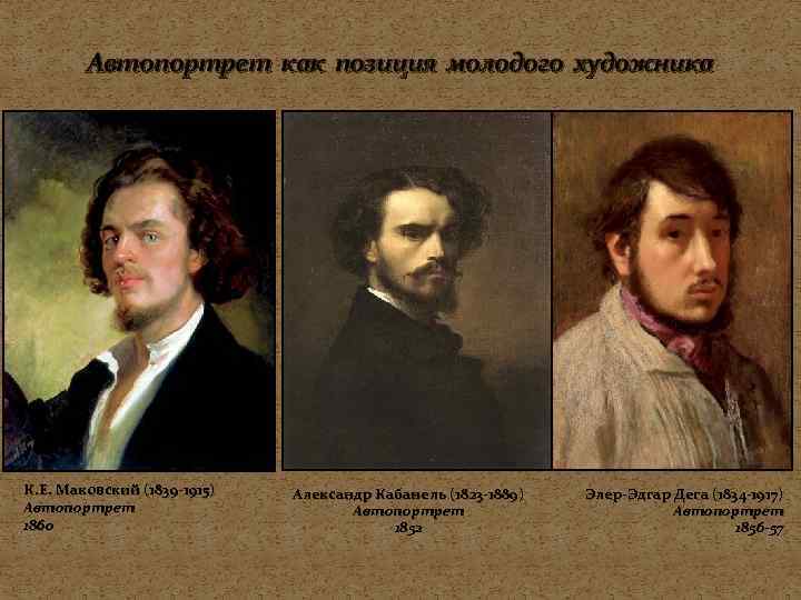 Автопортрет как позиция молодого художника К. Е. Маковский (1839 -1915) Автопортрет 1860 Александр Кабанель