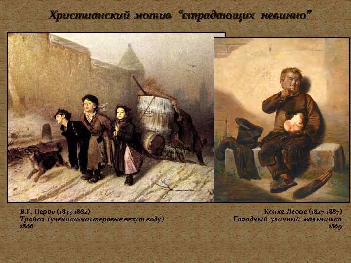 Христианский мотив “страдающих невинно” В. Г. Перов (1833 -1882) Тройка (ученики-мастеровые везут воду) 1866