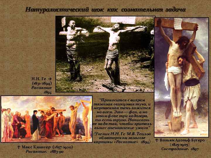 Натуралистический шок как сознательная задача Н. Н. Ге → (1831 -1894) Распятие 1894 ↑