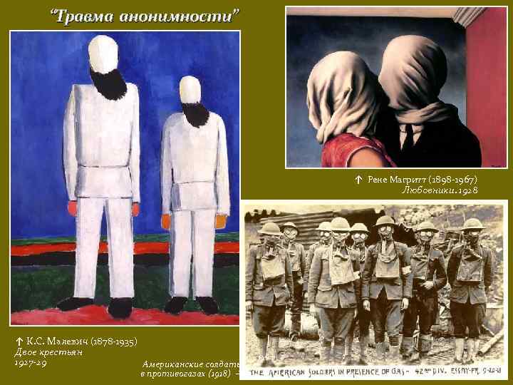 “Травма анонимности” ↑ Рене Магритт (1898 -1967) Любовники. 1928 ↑ К. С. Малевич (1878