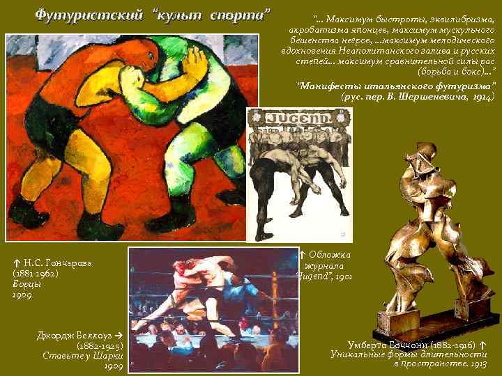 Футуристский “культ спорта” ↑ Н. С. Гончарова (1881 -1962) Борцы 1909 Джордж Беллоуз →