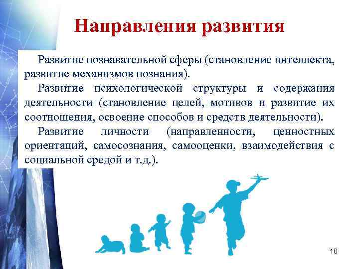 Направления развития Развитие познавательной сферы (становление интеллекта, развитие механизмов познания). Развитие психологической структуры и