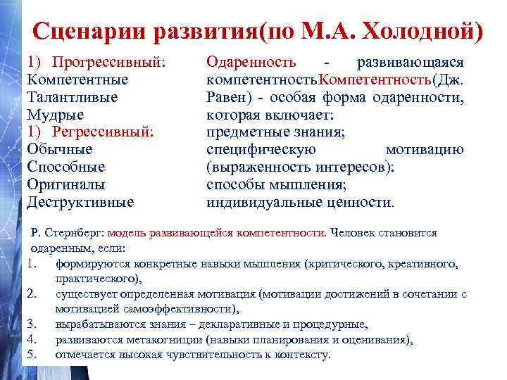 Сценарии развития(по М. А. Холодной) 1) Прогрессивный: Компетентные Талантливые Мудрые 1) Регрессивный: Обычные Способные