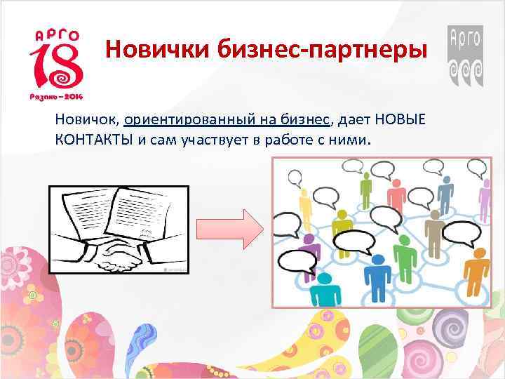Новички бизнес-партнеры Новичок, ориентированный на бизнес, дает НОВЫЕ КОНТАКТЫ и сам участвует в работе