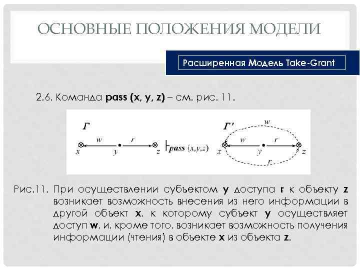 ОСНОВНЫЕ ПОЛОЖЕНИЯ МОДЕЛИ Расширенная Модель Take-Grant 2. 6. Команда pass (x, y, z) –