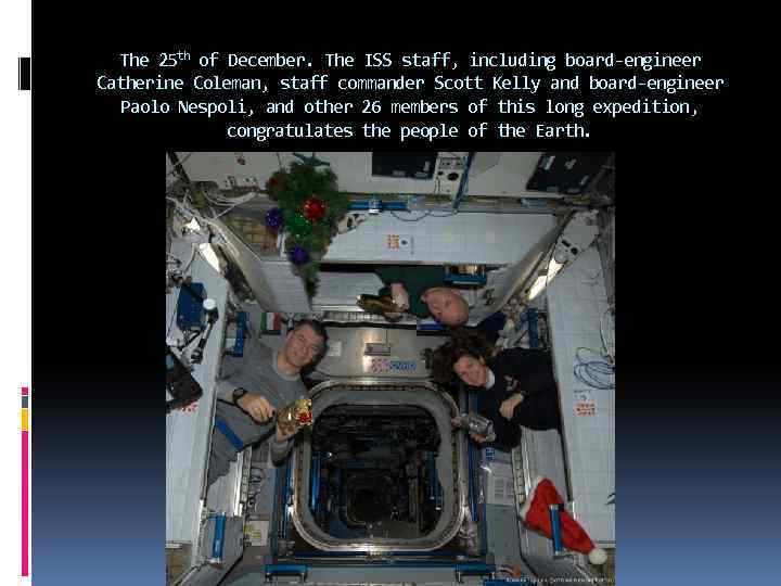 The 25 th of December. The ISS staff, including board-engineer Catherine Coleman, staff commander