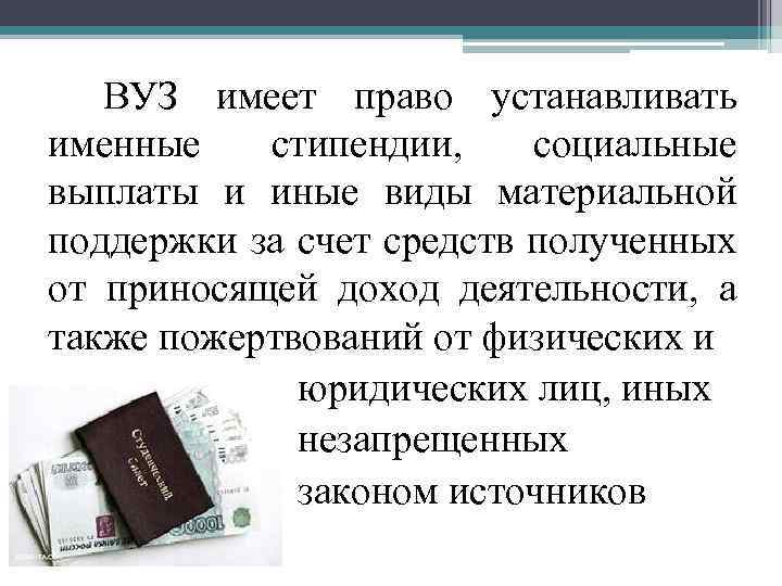 ВУЗ имеет право устанавливать именные стипендии, социальные выплаты и иные виды материальной поддержки за