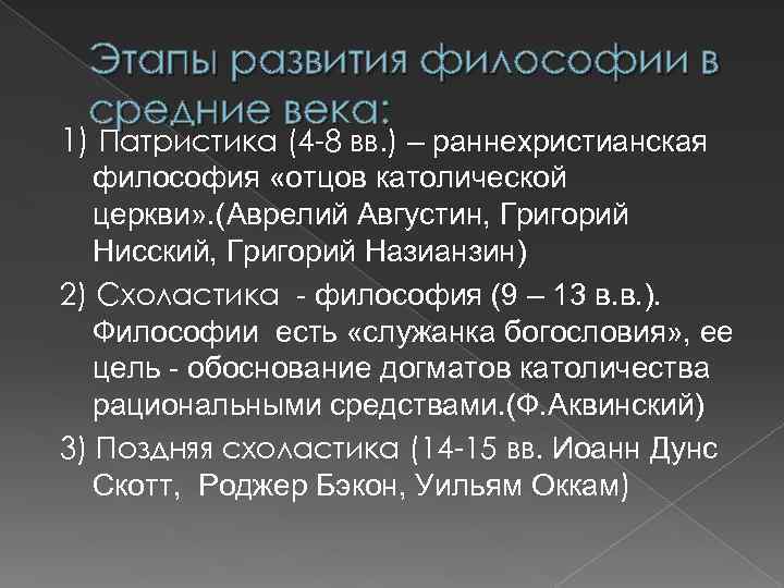 Этапы развития философии в средние века: 1) Патристика (4 -8 вв. ) – раннехристианская