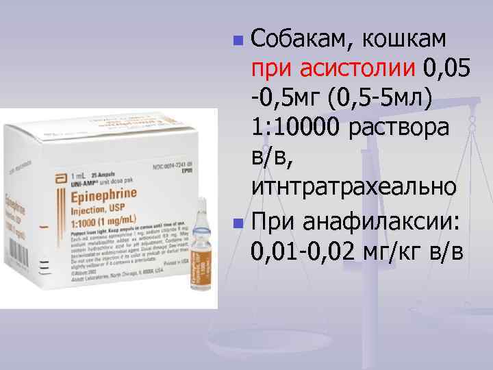 Собакам, кошкам при асистолии 0, 05 -0, 5 мг (0, 5 -5 мл) 1: