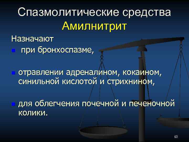 Спазмолитические средства Амилнитрит Назначают n при бронхоспазме, n n отравлении адреналином, кокаином, синильной кислотой