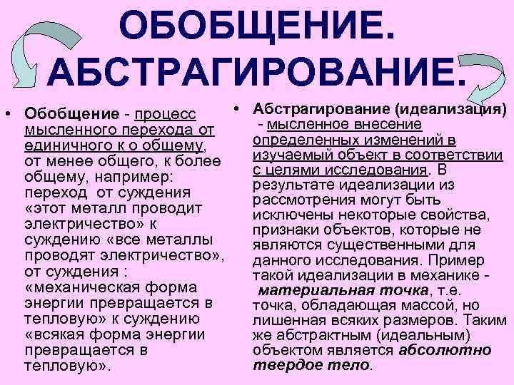 ОБОБЩЕНИЕ. АБСТРАГИРОВАНИЕ. • • Обобщение - процесс мысленного перехода от единичного к о общему,