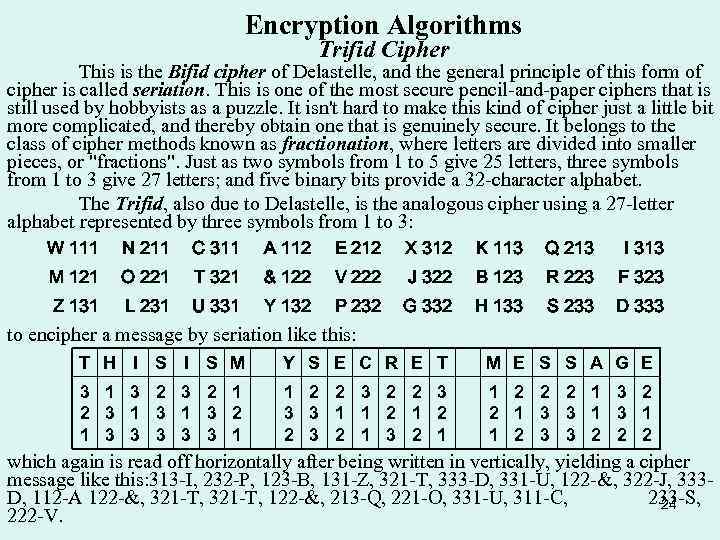 Encryption Algorithms Trifid Cipher This is the Bifid cipher of Delastelle, and the general