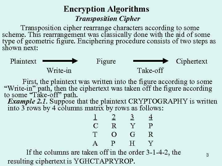 Encryption Algorithms Transposition Cipher Transposition cipher rearrange characters according to some scheme. This rearrangement