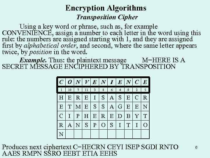 Encryption Algorithms Transposition Cipher Using a key word or phrase, such as, for example