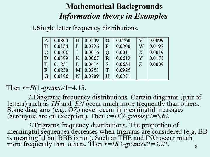 Mathematical Backgrounds Information theory in Examples 1. Single letter frequency distributions. A B C