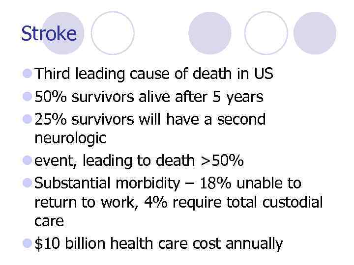 Stroke l Third leading cause of death in US l 50% survivors alive after