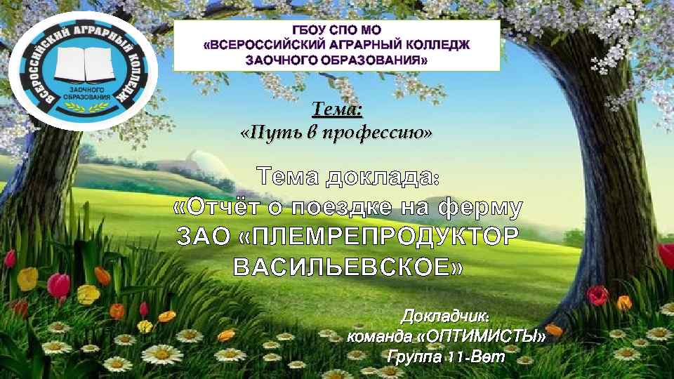 ГБОУ СПО МО «ВСЕРОССИЙСКИЙ АГРАРНЫЙ КОЛЛЕДЖ ЗАОЧНОГО ОБРАЗОВАНИЯ» Тема: «Путь в профессию» Тема доклада: