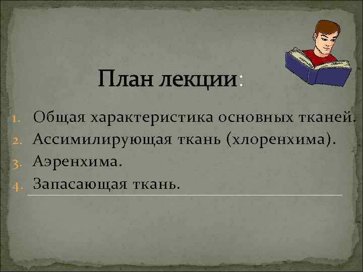 План лекции: 1. Общая характеристика основных тканей. 2. Ассимилирующая ткань (хлоренхима). 3. Аэренхима. 4.