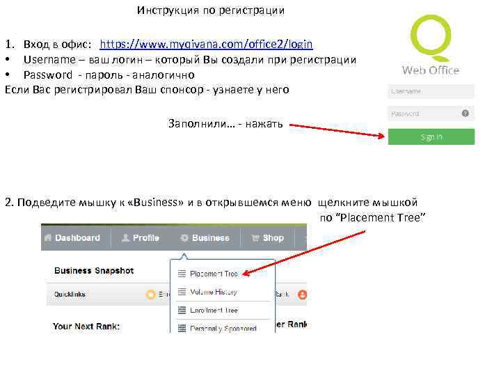 Инструкция по регистрации 1. Вход в офис: https: //www. myqivana. com/office 2/login • Username