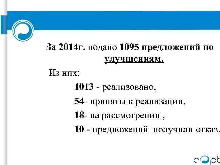 За 2014 г. подано 1095 предложений по улучшениям. Из них: 1013 - реализовано, 54