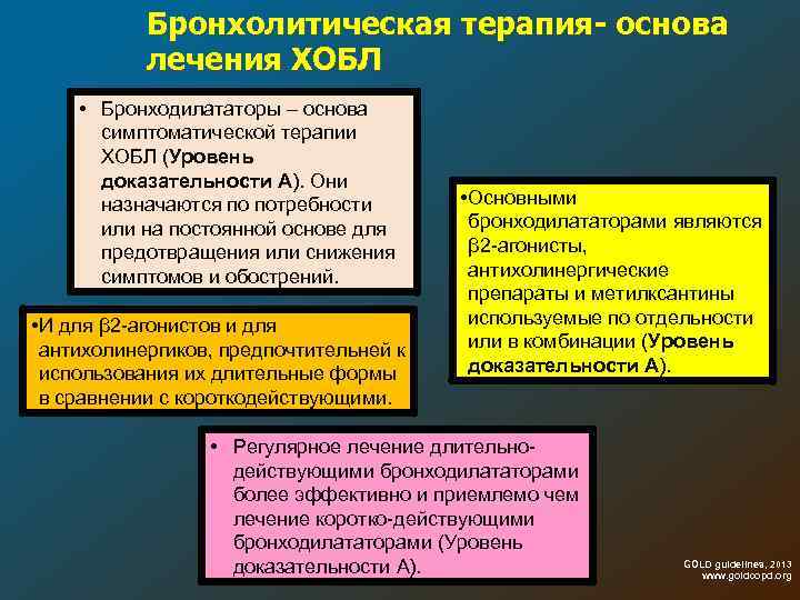 Бронхолитическая терапия- основа лечения ХОБЛ • Бронходилататоры – основа симптоматической терапии ХОБЛ (Уровень доказательности