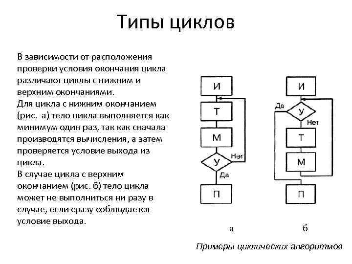 Типы циклов В зависимости от расположения проверки условия окончания цикла различают циклы с нижним