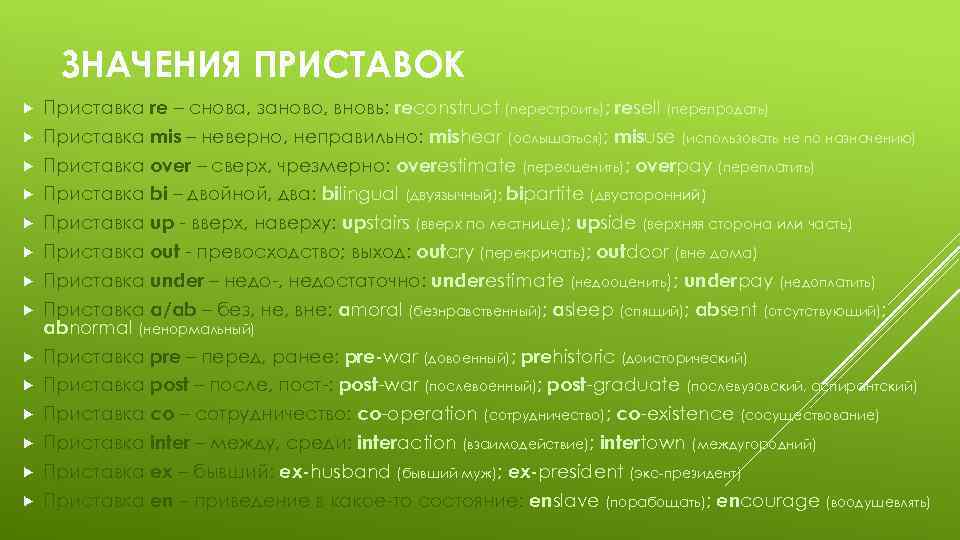ЗНАЧЕНИЯ ПРИСТАВОК Приставка re – снова, заново, вновь: reconstruct (перестроить); resell (перепродать) Приставка mis