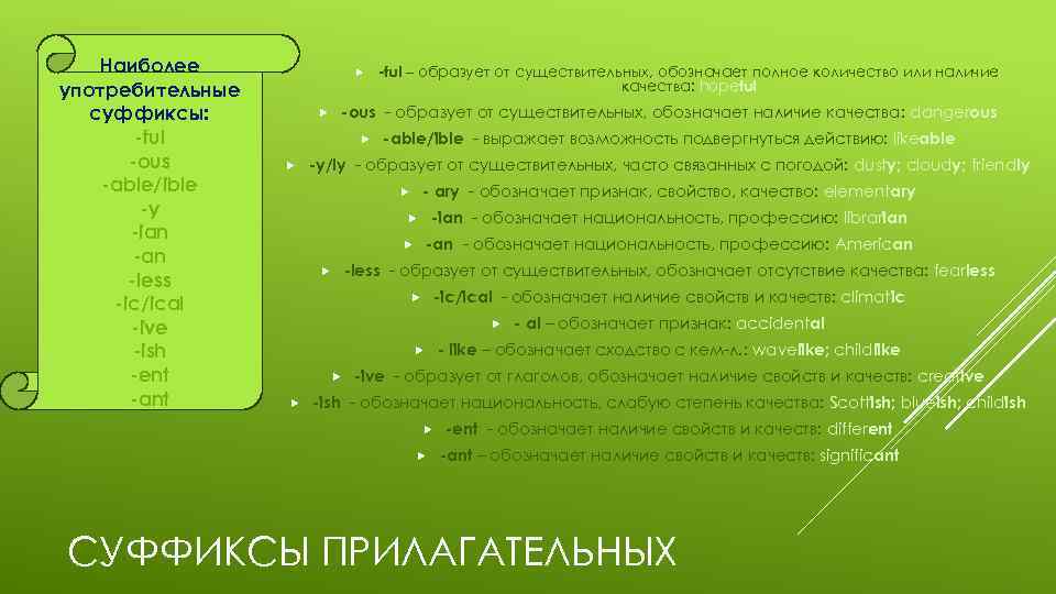 Наиболее употребительные суффиксы: -ful -ous -able/ible -y -ian -less -ic/ical -ive -ish -ent -ant