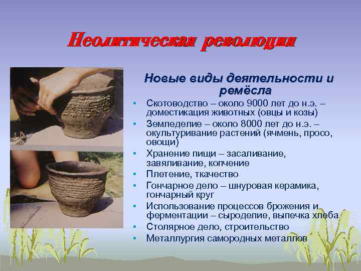 Неолитическая революция • • Новые виды деятельности и ремёсла Скотоводство – около 9000 лет