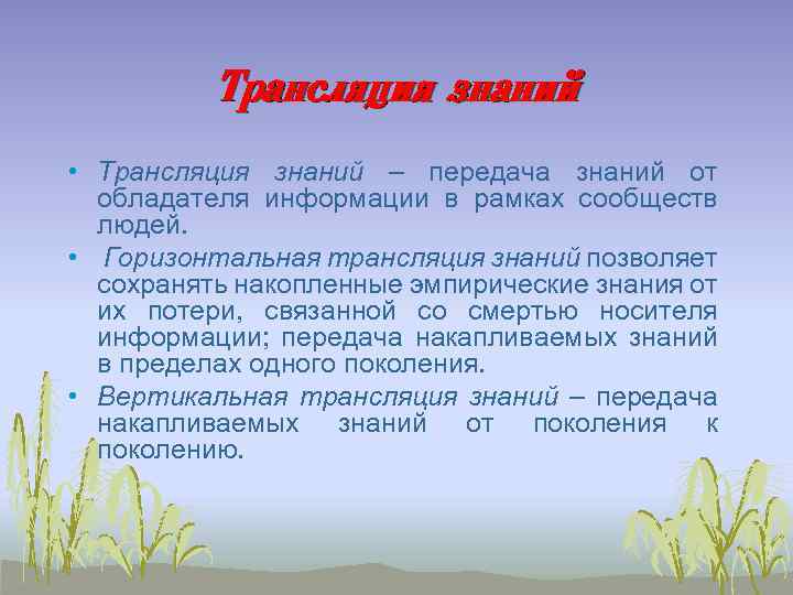 Трансляция знаний • Трансляция знаний – передача знаний от обладателя информации в рамках сообществ