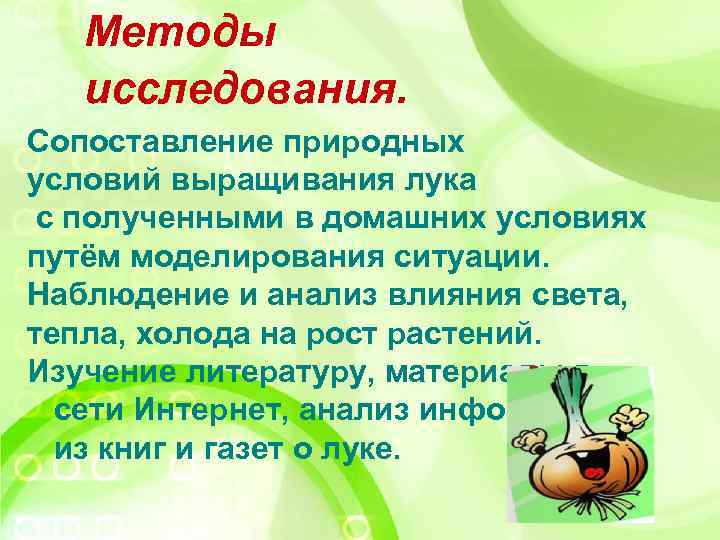 Методы исследования. Сопоставление природных условий выращивания лука с полученными в домашних условиях путём моделирования