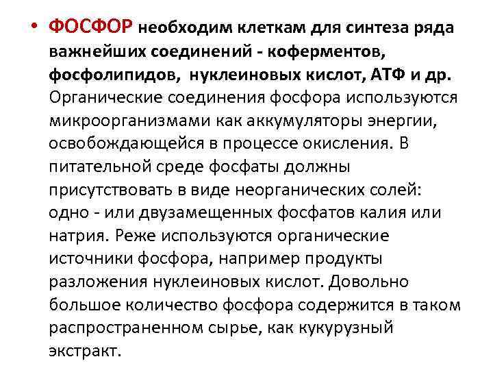  • ФОСФОР необходим клеткам для синтеза ряда важнейших соединений коферментов, фосфолипидов, нуклеиновых кислот,