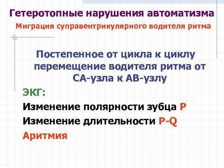 Гетеротопные нарушения автоматизма Миграция суправентрикулярного водителя ритма Постепенное от цикла к циклу перемещение водителя