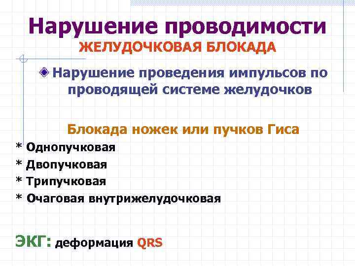 Нарушение проводимости ЖЕЛУДОЧКОВАЯ БЛОКАДА Нарушение проведения импульсов по проводящей системе желудочков Блокада ножек или