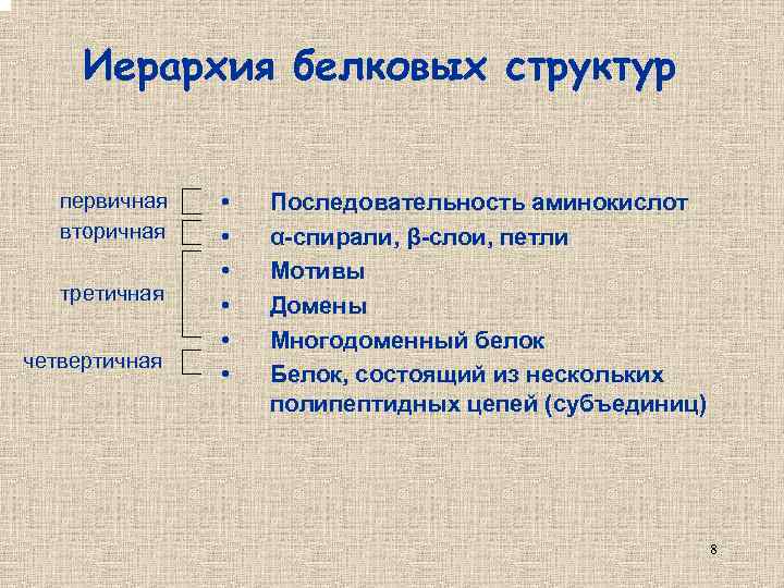 Иерархия белковых структур первичная вторичная третичная четвертичная • • • Последовательность аминокислот α-спирали, β-слои,