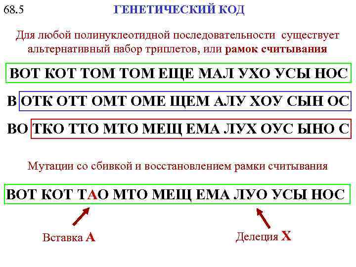 68. 5 ГЕНЕТИЧЕСКИЙ КОД Для любой полинуклеотидной последовательности существует альтернативный набор триплетов, или рамок