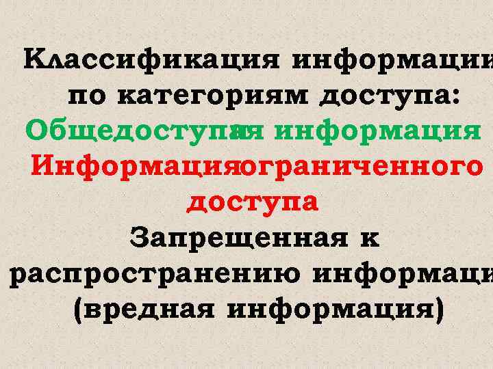 Классификация информации по категориям доступа: Общедоступня информация а Информацияограниченного доступа Запрещенная к распространению информаци