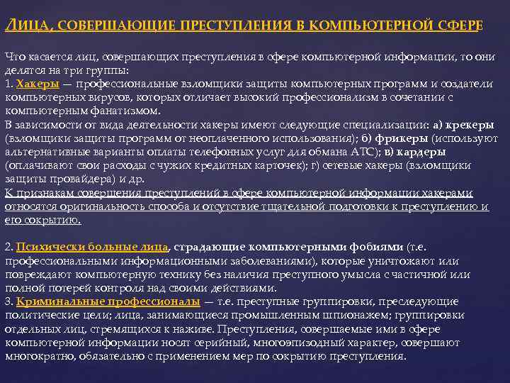 ЛИЦА, СОВЕРШАЮЩИЕ ПРЕСТУПЛЕНИЯ В КОМПЬЮТЕРНОЙ СФЕРЕ Что касается лиц, совершающих преступления в сфере компьютерной