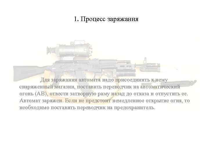 1. Процесс заряжания Для заряжания автомата надо присоединить к нему снаряженный магазин, поставить переводчик