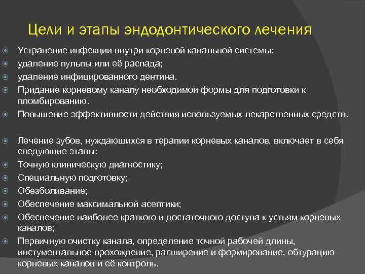 Цели и этапы эндодонтического лечения Устранение инфекции внутри корневой канальной системы: удаление пульпы или