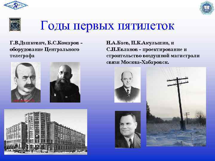Годы первых пятилеток Г. В. Дашкевич, Б. С. Комаров оборудование Центрального телеграфа Н. А.