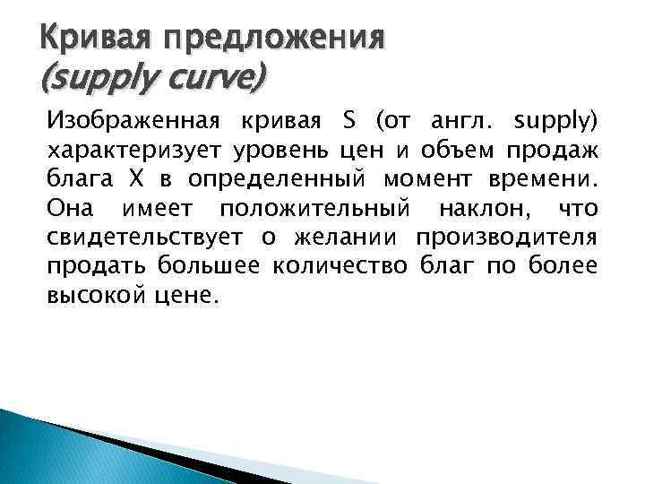 Кривая предложения (supply curve) Изображенная кривая S (от англ. supply) характеризует уровень цен и