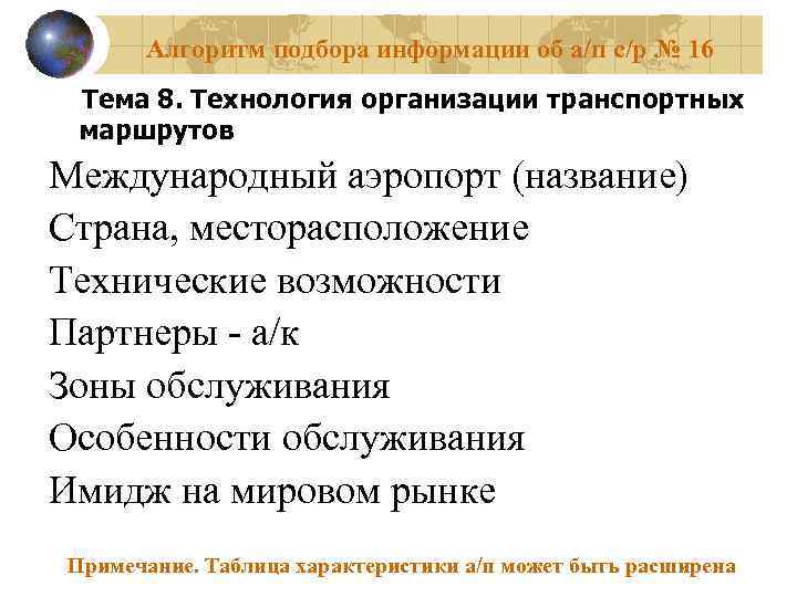 Алгоритм подбора информации об а/п с/р № 16 Тема 8. Технология организации транспортных маршрутов