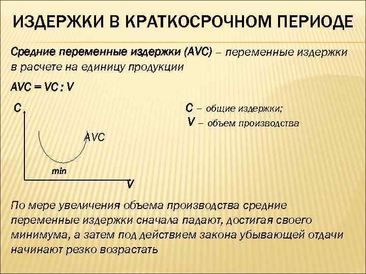 ИЗДЕРЖКИ В КРАТКОСРОЧНОМ ПЕРИОДЕ Средние переменные издержки (AVC) – переменные издержки в расчете на