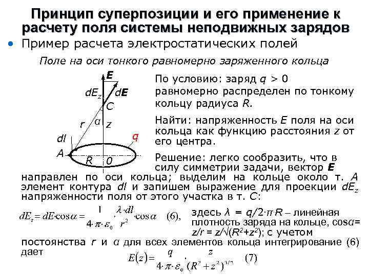 Принцип суперпозиции и его применение к расчету поля системы неподвижных зарядов • Пример расчета